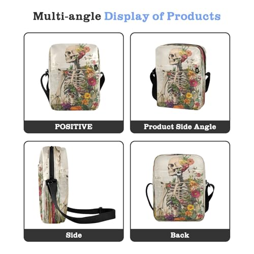 Crossbody Bag Gothic Skull Skeleton Newspaper Flower Messenger Bag for Women Men Purse Shoulder Bag Satchel Bag with Adjustable Strap 214B93904