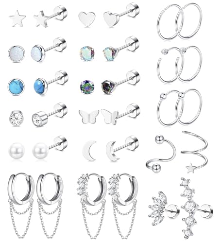 KALVICA 34 Pièces Boucles d'Oreilles Femme Argent Hypoallergénique Acier Chirurgical Piercings Helix Tragus Cartilage Papillons, Fleur, Perle 20G