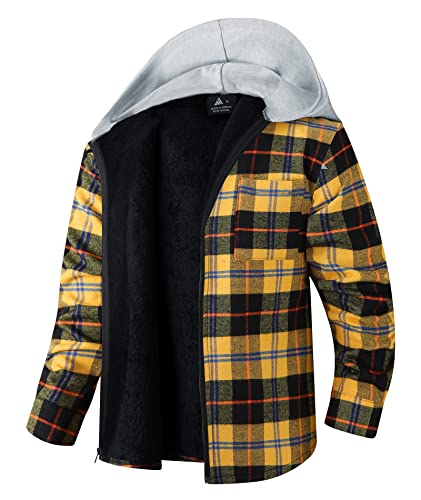 V Valanch Boys' Full-Zip Fleece Sweatshirts, Flannel Plaid Shirt Jacket, Kids Youth Full Zip Hooded Sweatshirt(Yellow,L) #TOP3