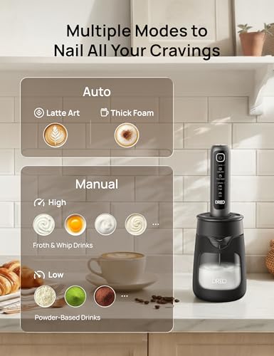 Image of DREO Handheld Milk Frother with Cup - 4-Model Settings for Latte Art-Level Microfoam 2550mAh Battery for 180+ Coffee & Drinks, IPX7 Waterproof, Fast Hands-Free Frothing, Easy-Clean, Black