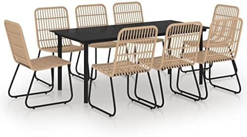 vidaXL Outdoor Dining Set – 9-Piece Furniture Set with Poly Rattan Seats and Backs and Glass Tabletop, Oak and Black Colour, Designed for Patio or Garden