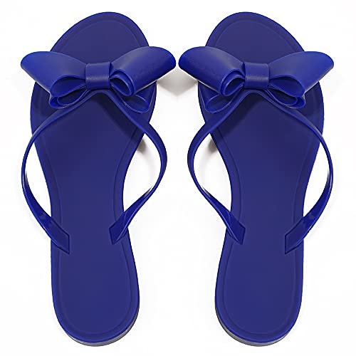 Image of TYFLOVE Women Rivet Flip Flops Studded Jelly Thong Sandals with Bow Summer Bowtie Flat Beach Rain Shoes