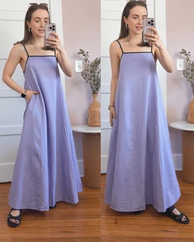 Image of Senllen Women's Linen Dress Summer Loose Flowy Sundress Contrast Spaghetti Strap Sleeveless Backless Beach Maxi Long Dresses