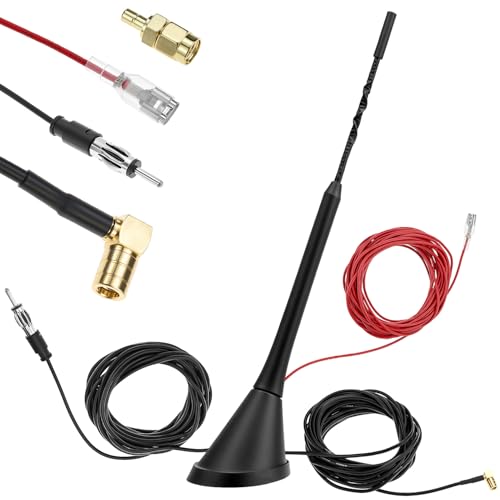 QWORK® Antenna FM da tetto DAB/DAB+ con cavo di prolungamento di 5 metri e adattatore SMB/SMA, antenna per tetti auto, alta potenza di ricezione