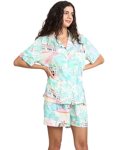 Image of YiNi LuLu Womens Silk Satin Shorts Pajamas Set Button Down 2 Piece Pjs Short Sleeve Oversized Sleepwear with Pockets