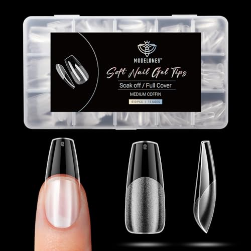 Image of Modelones Medium Coffin Fake Nail Tips - 510Pcs Gel Tips Pre-shaped Half Matte Full Cover Clear Acrylic Gel Kit False Press on Nails for Extension DIY Salon 15Sizes