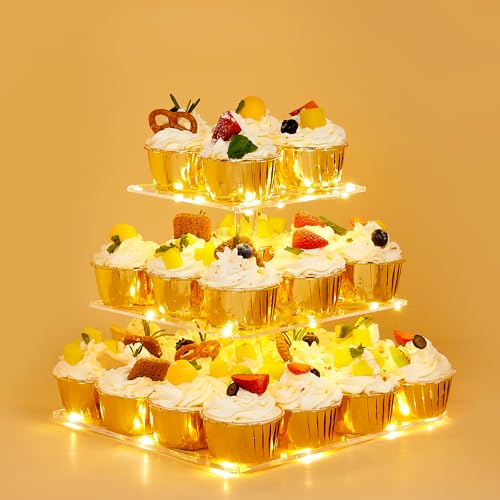 upsimples 3 Tier Acrylic Cupcake Stand, Dessert Tower for 28 Cupcakes, Square Cupcake Display Stand with Yellow LED Light for Birthday, Baby Shower, Tea Party and Wedding Décor