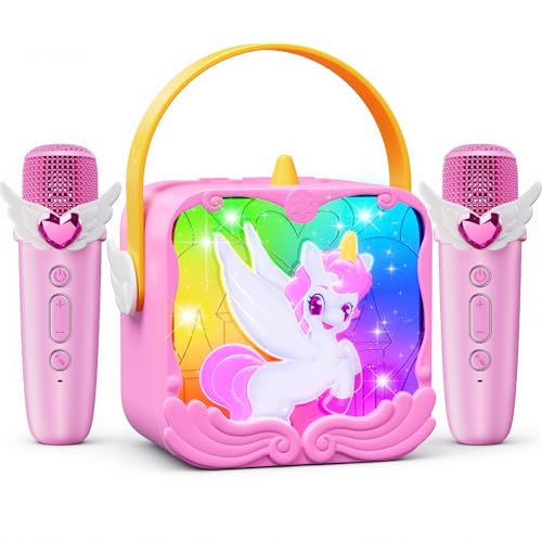 Unicorn Karaoke Machine with Wings & Castle Lights 2 Gem Wireless Microphones&5 Magic Voice Portable Mini Bluetooth Speaker Singing Toy Birthday Gift for 3 4 5 6 7 8 9 10 11 12 Year Old Girls Age 3-12