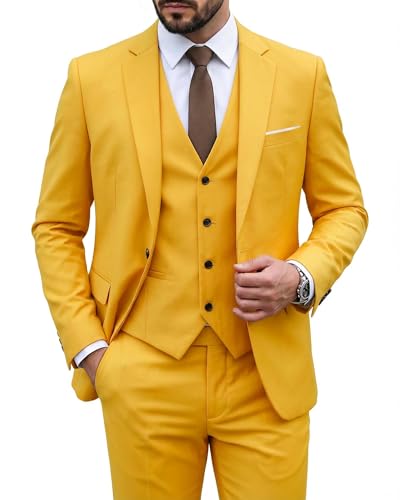 Image of MY'S Men's 3 Piece Suit Set with Tie, One Button Slim Fit Solid Jacket Vest Pants, Prom Party Wedding Business Suits for Men