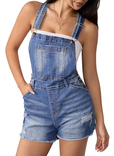 Sovoyontee Latzhose Damen Kurz Retro Denim Overalls Jeanslatzhose Casual Verstellbare Träger Shorts Jumpsuit Hellblau L