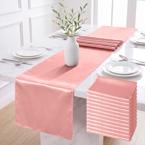 Aneco 12 Pack Satin Table Runner 12 x 108 Inch Rose Gold Long Wedding Satin Silk Table Runner for Wedding Banquet Graduations Birthday Party Decoration