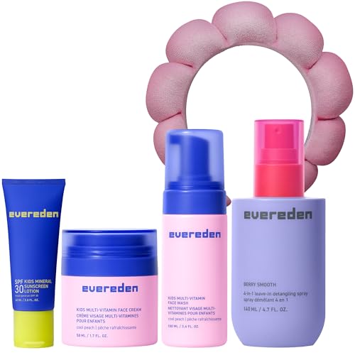 Evereden Kids Skincare Set – Trio Routine with Peach Face Wash & Cream, SPF 30 Mineral Sunscreen, Detangling Spray & Spa Headband – Gentle, Nourishing Daily Self-Care for Kid