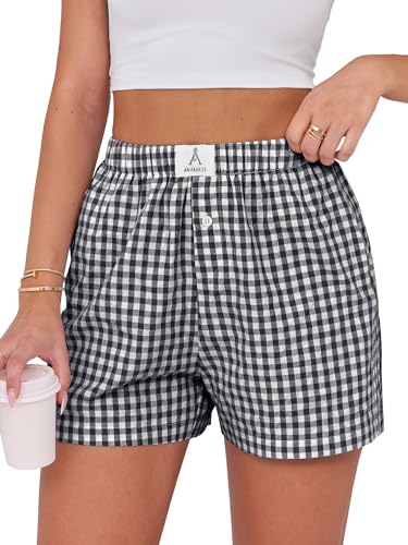 ANRABESS Boxer Shorts for Women Gingham Pajama 2025 Summer Casual Lounge Sleep Plaid Shorts Y2K Beach Bottoms Black White Plaid Large