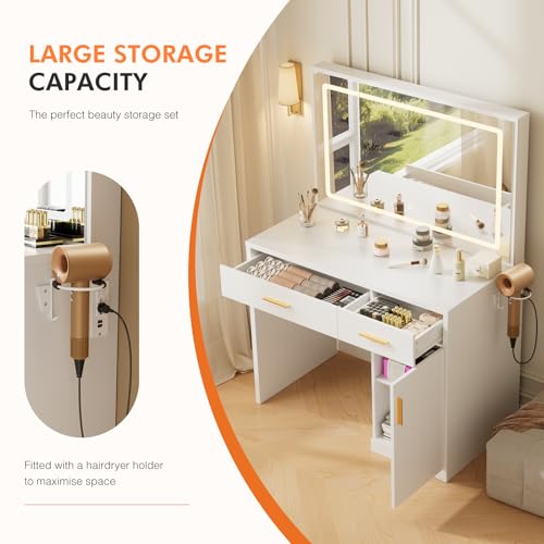 Image of Sweetcrispy 35 inch Large Vanity Desk with LED Lights Mirror & Power Outlet