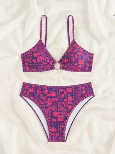 Image of Fanuerg Women's Triangle Bikini Sets O Ring Linked Two Piece Swimsuits Floral Printed Cheeky Bathing Suit