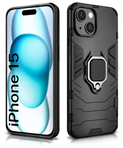 Image of WOW IMAGINE Shock Proof Back Case Mobile Cover for Apple iPhone 15 | Back Cover Case (Tough Armor | Hybrid PC + TPU | Ring Holder & in-Built Kickstand | Black)
