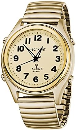 Hearkent Atomic Talking Watch for Visually impaired Quartz Wrist Watch with Stainless Steel Expanding Great Gift for Elderly or Blind People (Gold Strech Band)