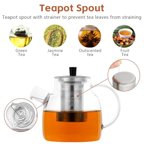 Miniatura 4 de Hotut Tetera De Vidrio De 1500 Ml Con Infusor Extraíble Y Calentador, Hervidor De Té Grande Apto Para Estufa Con Clip De Té, Tetera De Vidrio De Borosilicato, Tetera De Hojas Sueltas Y Té Floreciente