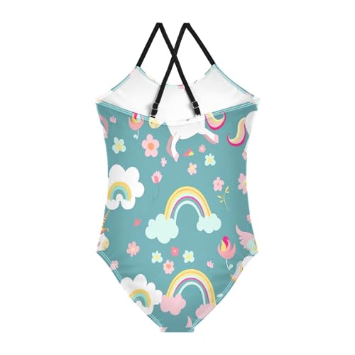 Cute Cartoon Unicorns Flowers Green Child Girl Swimsuit, Beach Swimwear, Girls Athletic Swimsuit 3-10T with Adjustable Shoulder Strap2