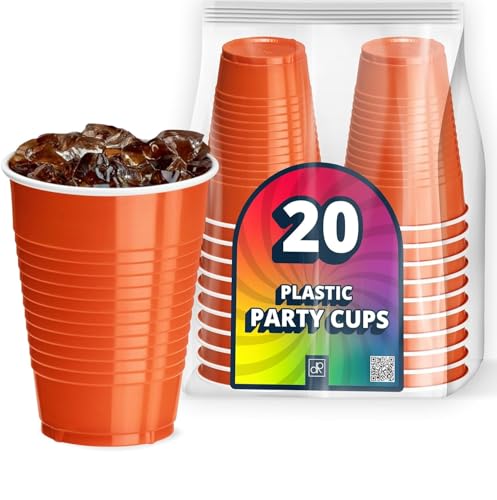DecorRack 20 Party Cups 12 oz Disposable Plastic Cups for Birthday Party Bachelorette Camping Indoor Outdoor Events Beverage Drinking Cups (Orange 20)