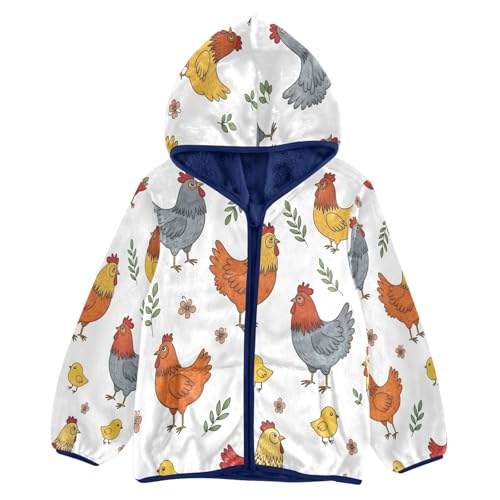 Chicken Pattern with Flowers Toddler Fleece Jacket Girl Boys Hooded Fleece Jacket Coat Warm Outwear Zip-up 3-10T