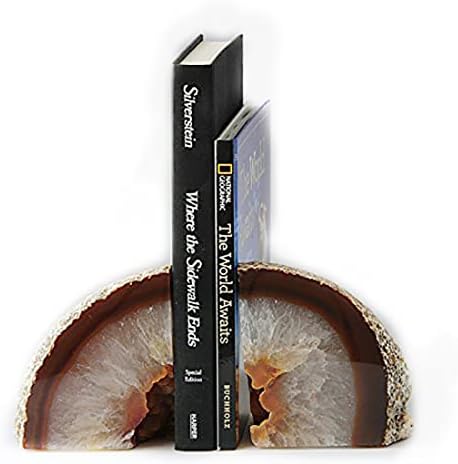 JIC Gem 1 Pair(6 to 8 Lbs) Natural Agate Bookends Decorative geode Book Ends for Heavy Books with Rubber Bumpers Crystal Bookends for Shelves and Office Decoration
