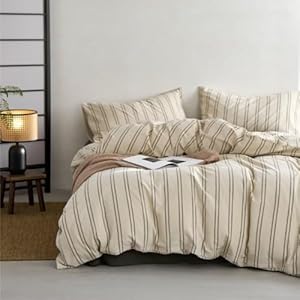 Ruccit Beige Dekbedovertrek Sets Tweepersoonsbed Groen Gestreept 100% Gewassen Katoen Crème Dekbedovertrek Tweepersoons Kinderen Tieners Modern 3delige Dekbedovertrek Set Boerderij Beddengoed Set met