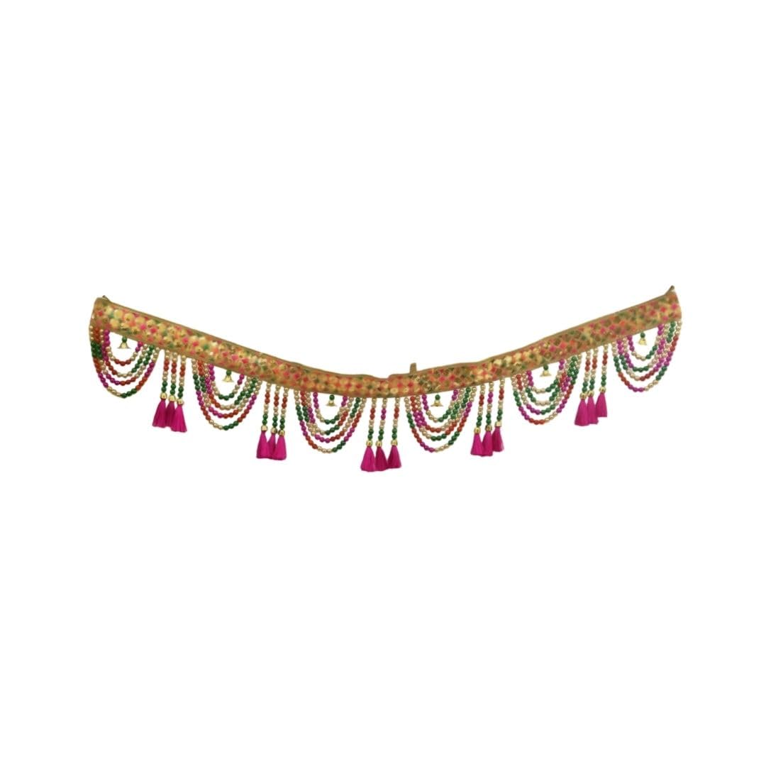 Tarang Arts Traditional Decorative Toran, Handcrafted Door Hanging with Colorful Beads, Pink Tassels, Green Accents, Gold Embroidery, Diwali Festival Decor