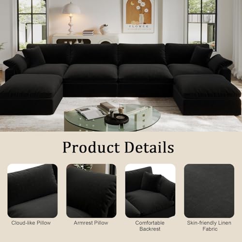 Image of 143 inch Cloud Modular Sectional Sofa,Black Down Filled Sofa 4 Seat with Chaise,Minimalist Sofa Cover Washable and Replaceable Couches for Living Room,Sectional Sofa Deep Seat