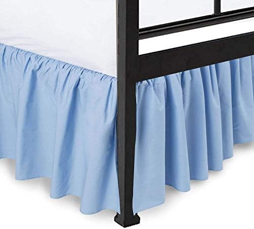 600 Thread Count Pure Cotton Ruffle Bed Skirt - 1 Piece Cotton Queen Size Dust Ruffle with Split Corner Bed Skirt 12" Drop Length - Three Side Coverage ​- Light Blue