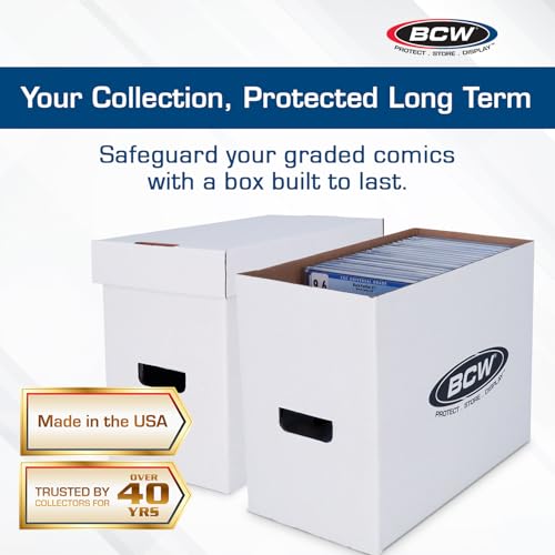 BCW Graded Comic Book Storage Box - 10 Pack | Durable White Corrugated Paper | Fits CGC Comics, Holds 35-40 Graded Comic Books | Double Thickness Handles & Reinforced Bottom