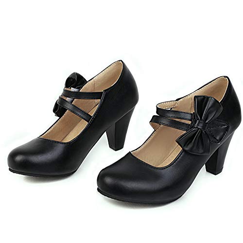 LUXMAX Women Two Strap Pumps High Block Heel Mary Jane with Bow Tie2
