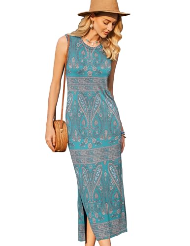 Zeagoo Damen Boho Maxikleider Strandkleid Lang Sommer Ärmellos Kleider Tank T-Shirt Kleid Damenkleidung mit Taschen Grün Blumenmuster M