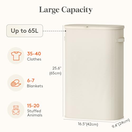 Image of Lifewit Slim Laundry Basket with Lid, Narrow Large Laundry Hamper with Plastic Handles and Removable Bag, Tall Foldable Dirty Clothes Hampers for Laundry Room, Bedroom, Bathroom, Dorm, 65L White