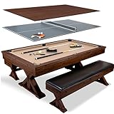 7' 3 in 1 Multi Game Pool Table with Dining Top Pool Ping Pong Table Combo with Dual Storage Bench Seating. Includes Billiards, Ping Pong Accessories.