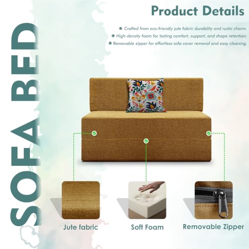 Image of Los Angeles Foldable One Seater Sofa Cum Bed, Sofa Bed 3 X 6 Feet Jute Fabric Washable Cover- Including Cushion Perfect for Living Room - Golden