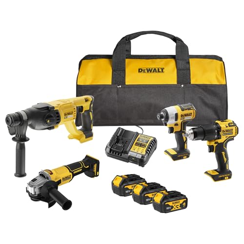 DEWALT Kit Combo 18V de 4 Herramientas (Taladro Percutor Compacto, Atornillador de Impacto, Martillo Rotativo SDS-Plus 18V, Amoladora Angular 125mm) con 3 Baterías de 4Ah en Bolsa Blanda, DCK424M3-QW