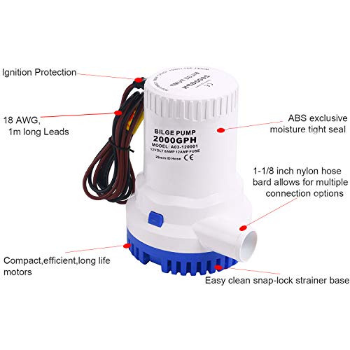 MAXZONE 2000 GPH 12v Boat Marine Plumbing Electric Bilge Pumps,Marine Bilge Pump, Submersible Boat Bilge Water Pump,Non-Automatic