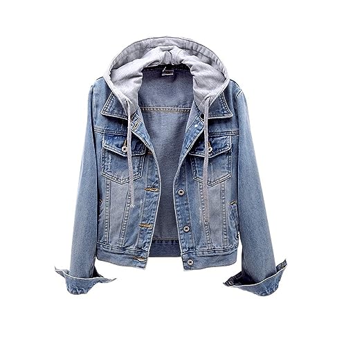 Womens Distressed Denim Jacket with Detachable Hood Button Down Long Sleeve Trucker Jackets Outwear