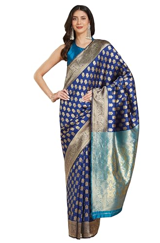 Image of Janasya Women's Sea Green Linen Blend Geometric Woven Design Jacquard Saree with Blouse Piece