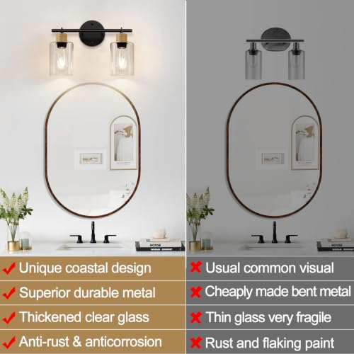 Image of MOKATNG Bathroom Light Fixtures, 2-Light Farmhouse Vanity Lights with Hemp Rope, Black Bathroom Wall Lamp for Mirror Kitchen Hallway Cabinet