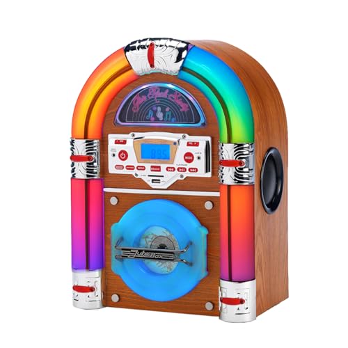 Steepletone Jive Rock Sixty XP LIGHT Wood, Table Top Mini CD Jukebox & Bluetooth Playback, Multi COLOUR CHANGING Light Tubes. FM Radio, Mains Electric, Earphone, Remote Control. Music Streaming