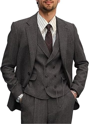 FLwuhui Retro Men Suit 3 Pieces Jacket Pant Vest Brown Grey Tweed Herringbone Men's Suits Slim Fit Groom Tuxedos Prom Blazer