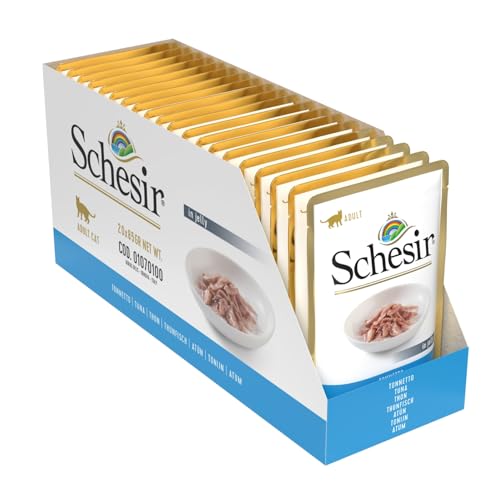 Schesir, Comida Húmeda para Gatos Adultos, Sabor bacoreta en gelatina Blanda - Total 1,7 kg (20 Sobres x 85 gr)