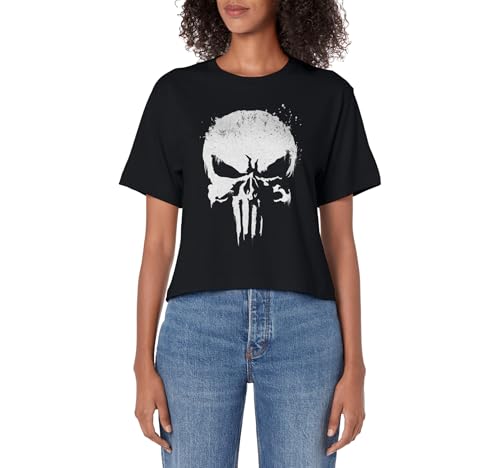 Marvel Punisher White Paint Splatter Skull Women's Crop...