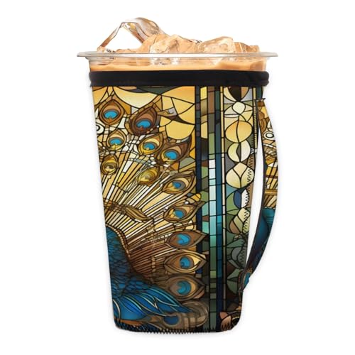 Peacock Elegant Reusable Neoprene Coffee Sleeve with Handle Insulated Iced Coffee Cup Holder Reduces Condensation Fits 24-28 oz Cups M