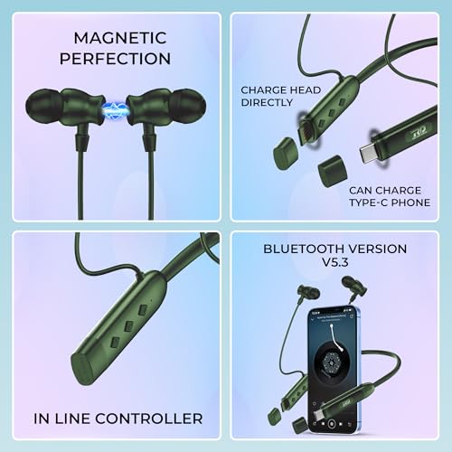 Image of RD M-195 VOLTAR Wireless Neckband Bluetooth in Ear Earphones with 90 Hours Playtime, 13mm Drivers, IPX4, Charge Through Adapter Support & Type-C, Environmental Noise Cancellation Green