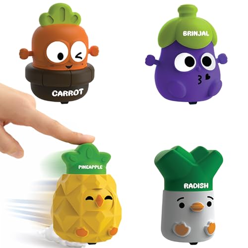 Image of Press & Go Veggie Runner Toy Pack of 4 for Kids with Colorful Carrot, Brinjal, Radish & Pineapple Designs, Push and Go Action Toy, Best Gift for Kids, 3+ Years