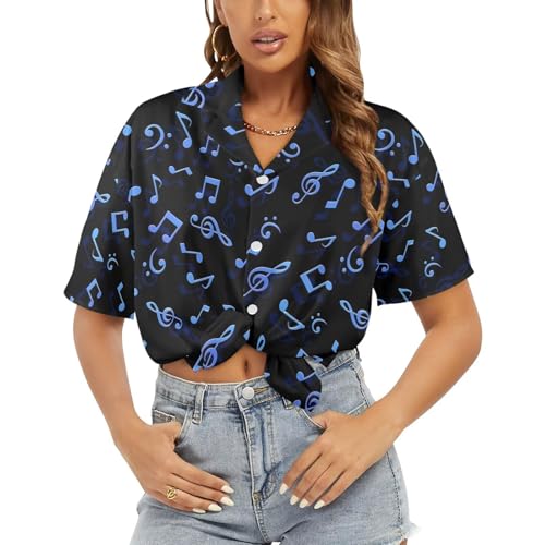 Pwnixequ Women's Hawaiian Musical Notes Print Shirt with Quick-Dry Fabric Vintage Floral Button-Up Blouse for Gift to Friends Relatives Wife Girlfriends Mother