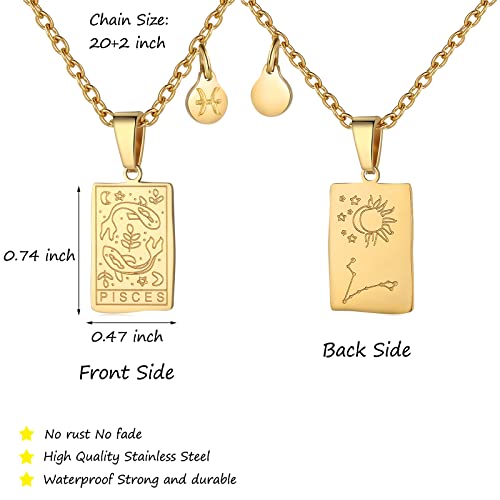Zodiac Sign Necklace For Women Constellation Tarot Card Pendant Double Sided Gold Stainless Steel Waterproof Nontarnish Friendship Jewelry Gift For Girls（Pisces） #TOP2